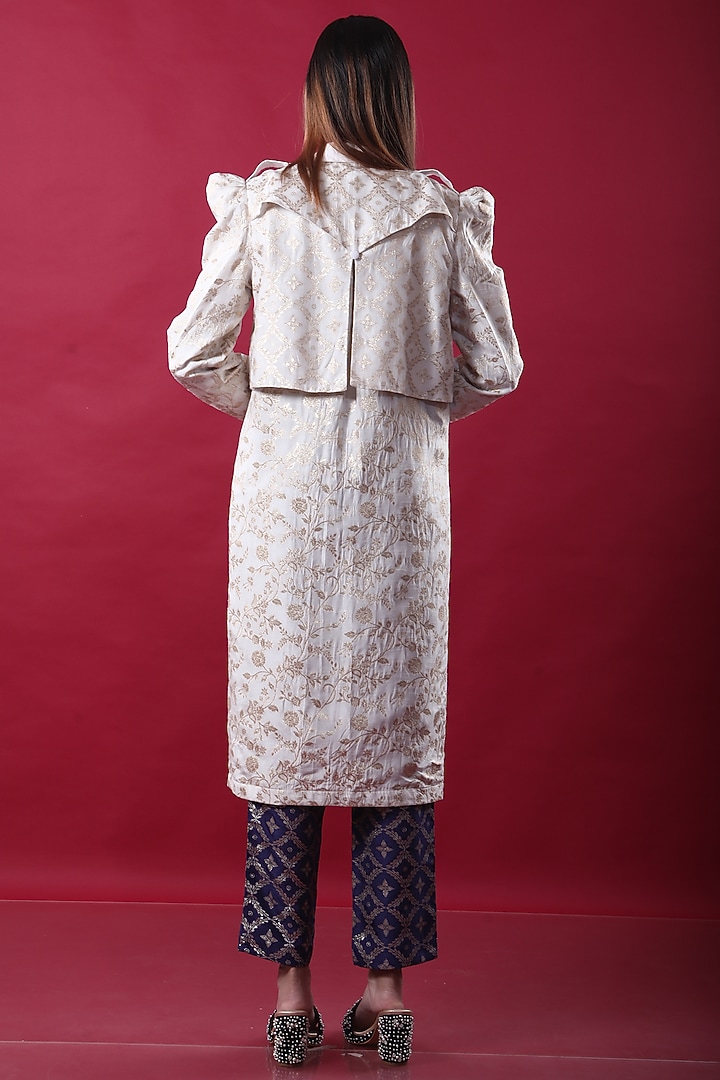White Banarasi Trench Coat Set by Monk & Mei at Pernia's Pop Up Shop