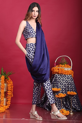 Deep Blue Brocade Pant Set by Monk & Mei at Pernia's Pop Up Shop