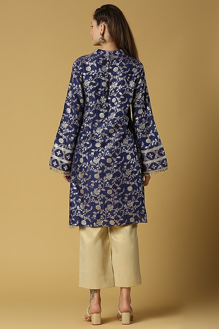 Deep Blue Brocade Kurta Set by Monk & Mei at Pernia's Pop Up Shop