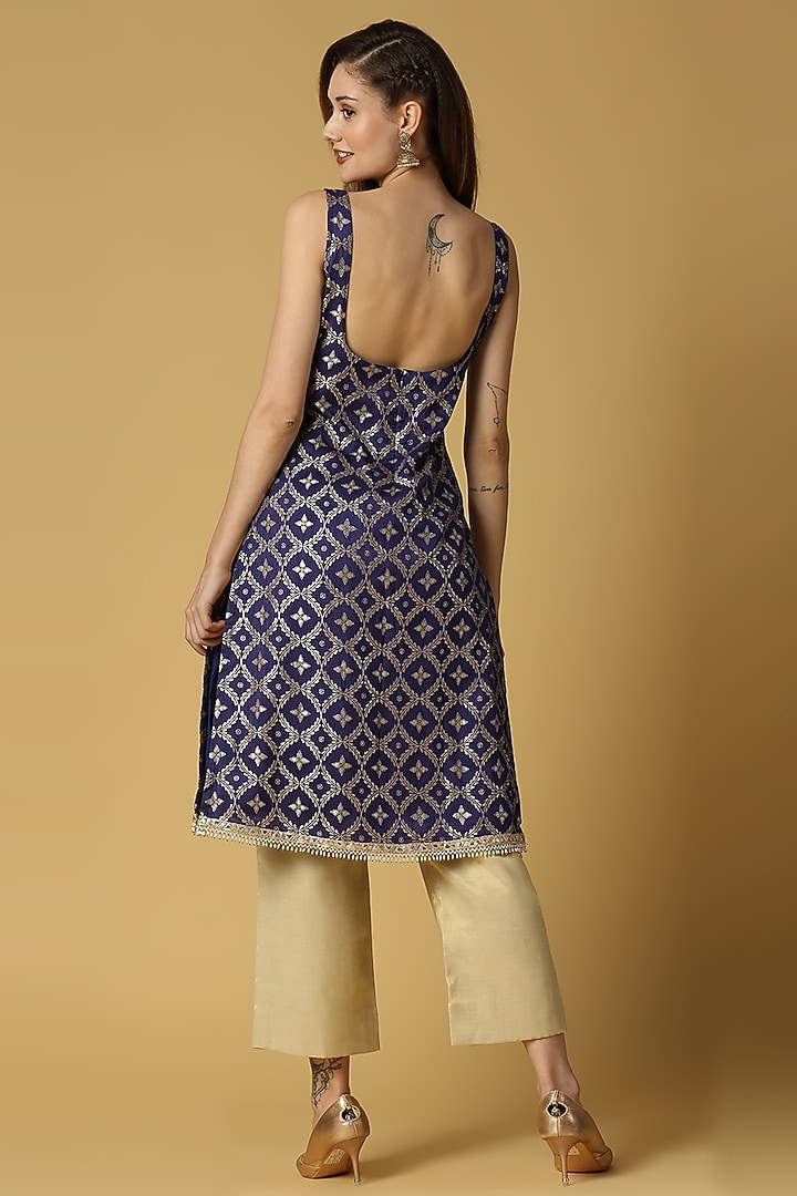 Deep Blue Brocade Kurta Set by Monk & Mei at Pernia's Pop Up Shop