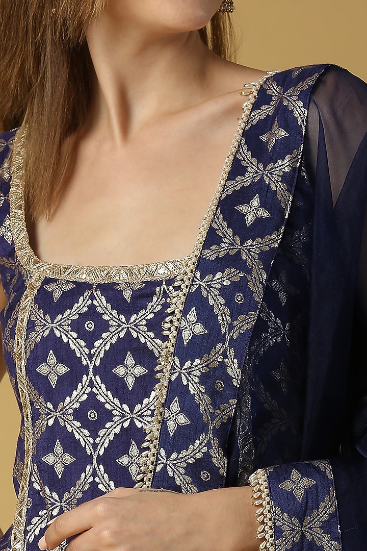 Deep Blue Brocade Kurta Set by Monk & Mei at Pernia's Pop Up Shop