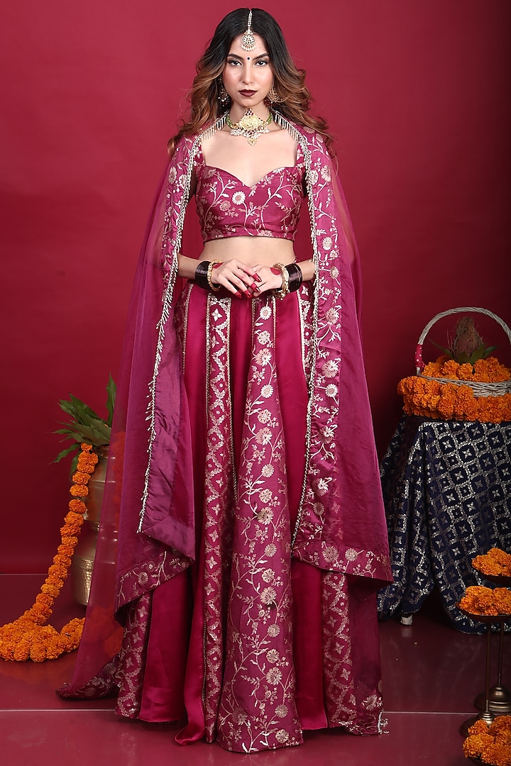 Plum Purple Brocade Lehenga Set by Monk & Mei