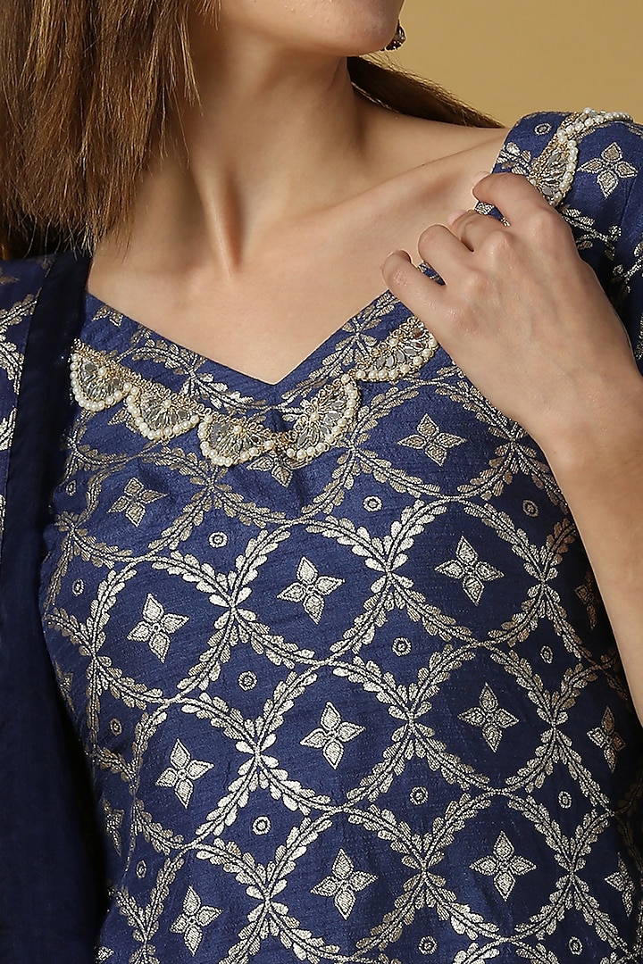 Deep Blue Brocade Party Wear Sharara Set by Monk & Mei at Pernia's Pop Up Shop