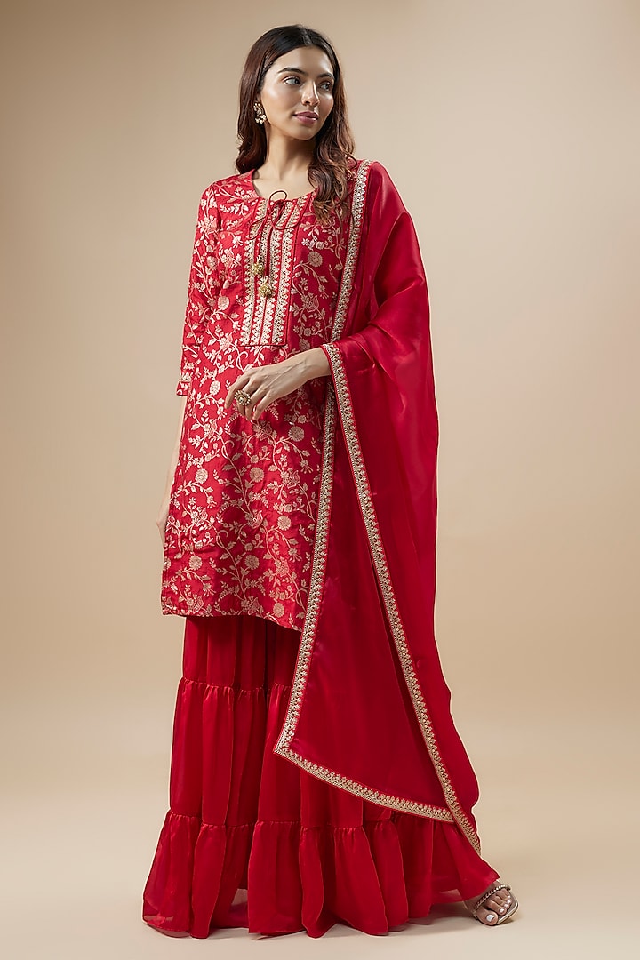 Bright Red Satin Silk Sharara Set by Monk & Mei at Pernia's Pop Up Shop