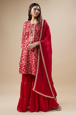 Bright Red Satin Silk Sharara Set by Monk & Mei