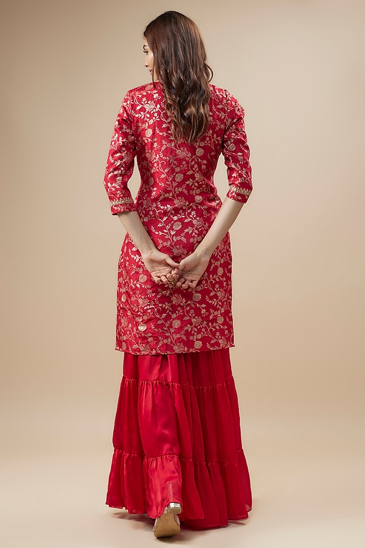 Bright Red Satin Silk Sharara Set by Monk & Mei at Pernia's Pop Up Shop