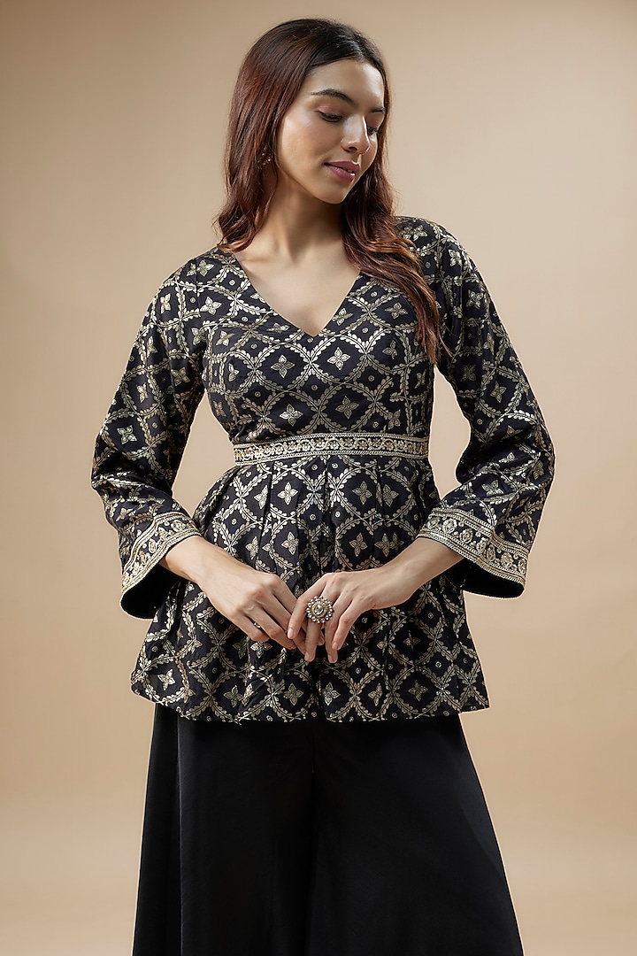 Black Silk Party Wear Sharara Set by Monk & Mei at Pernia's Pop Up Shop