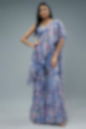 Blue Organza Floral Printed Pre-Draped Sharara Saree Set by Monk & Mei at Pernia's Pop Up Shop