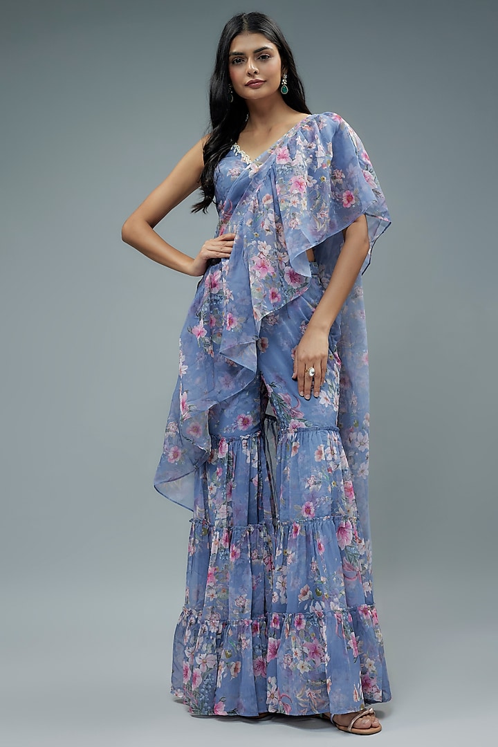 Blue Organza Floral Printed Pre-Draped Sharara Saree Set by Monk & Mei at Pernia's Pop Up Shop