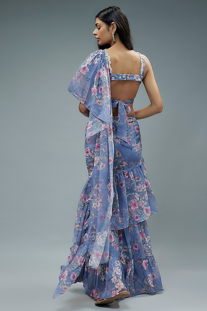 Blue Organza Floral Printed Pre-Draped Sharara Festive Saree Set by Monk & Mei at Pernia's Pop Up Shop