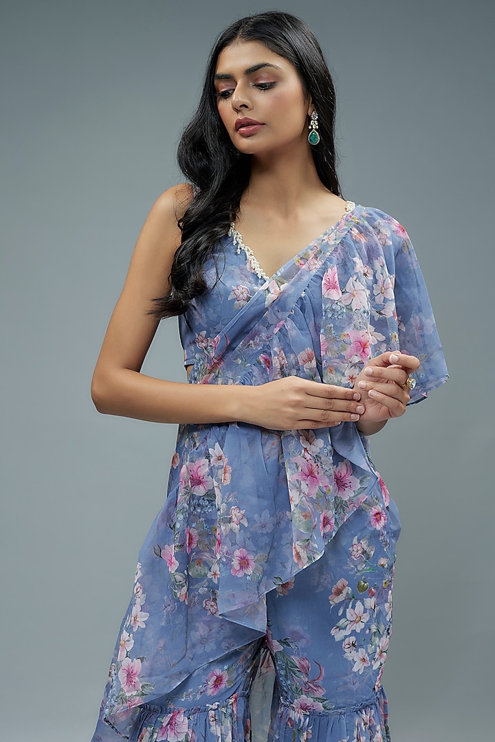 Blue Organza Floral Printed Pre-Draped Sharara Festive Saree Set by Monk & Mei at Pernia's Pop Up Shop