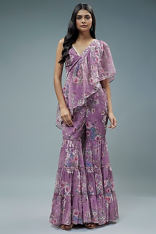 Lilac Organza Floral Printed Pre-Draped Sharara Saree Set by Monk & Mei