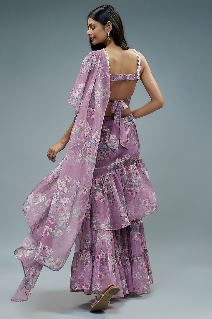Lilac Organza Floral Printed Pre-Draped Sharara Festive Saree Set by Monk & Mei at Pernia's Pop Up Shop