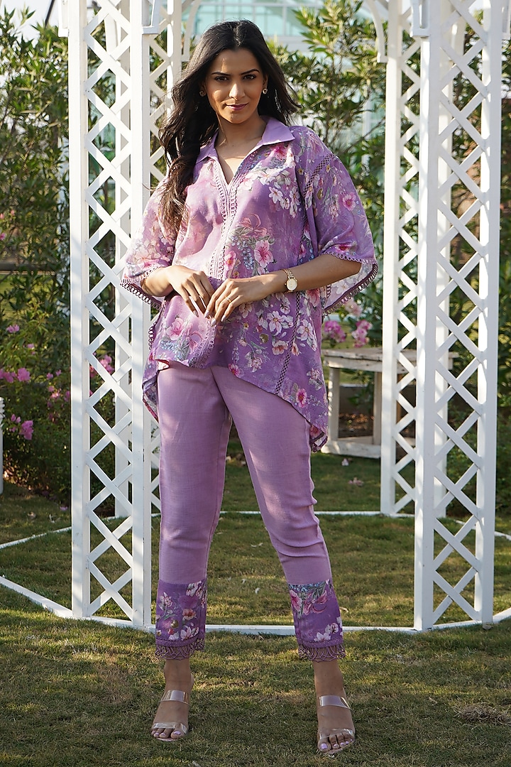 Lilac Linen Floral Printed Kaftan Set by Monk & Mei at Pernia's Pop Up Shop