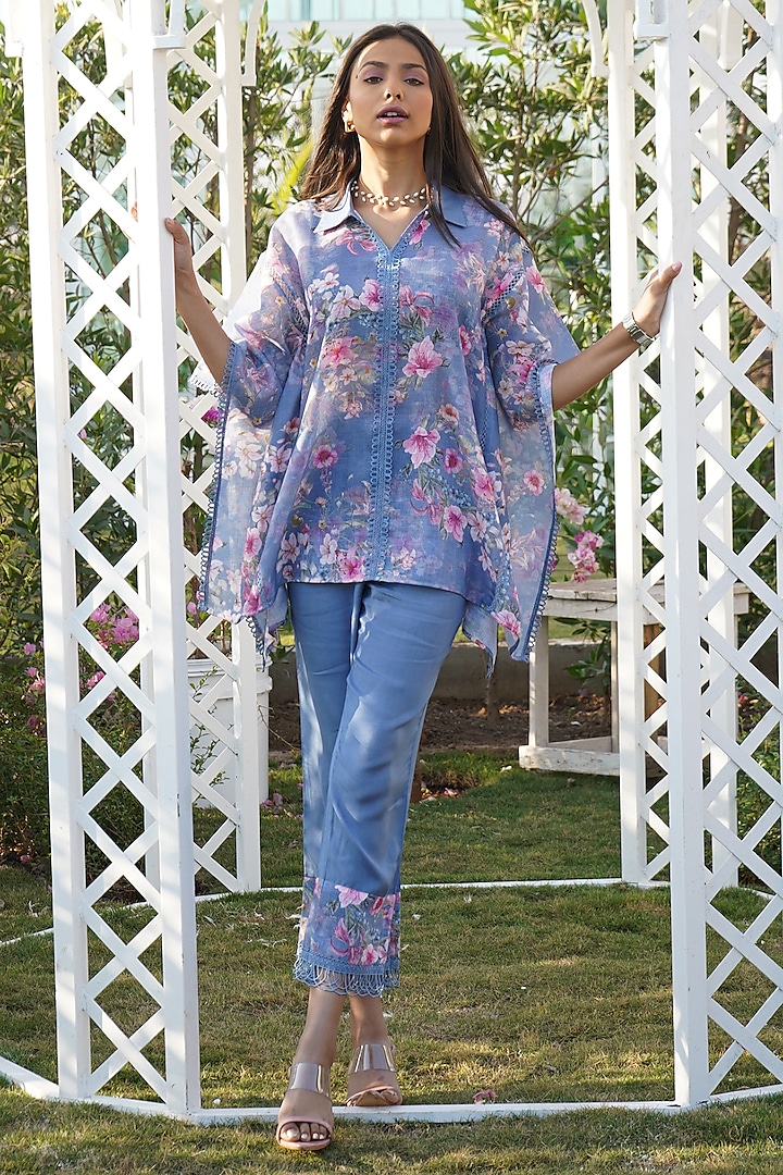 Blue Linen Floral Printed Kaftan Set by Monk & Mei at Pernia's Pop Up Shop