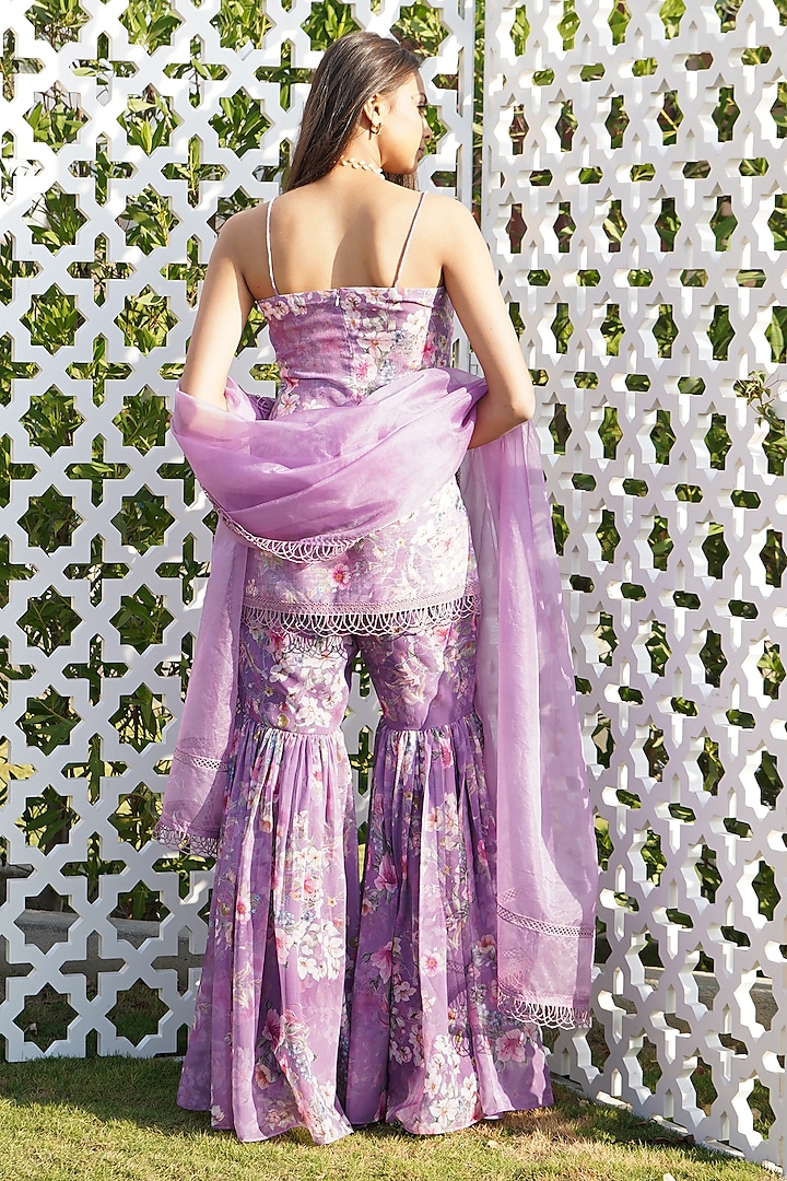 Lilac Linen & Organza Floral Printed Sharara Set by Monk & Mei at Pernia's Pop Up Shop