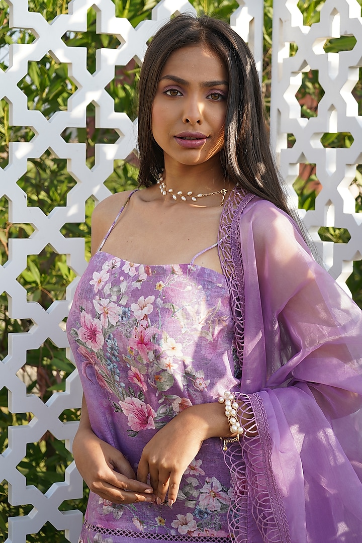 Lilac Linen & Organza Floral Printed Sharara Set by Monk & Mei at Pernia's Pop Up Shop