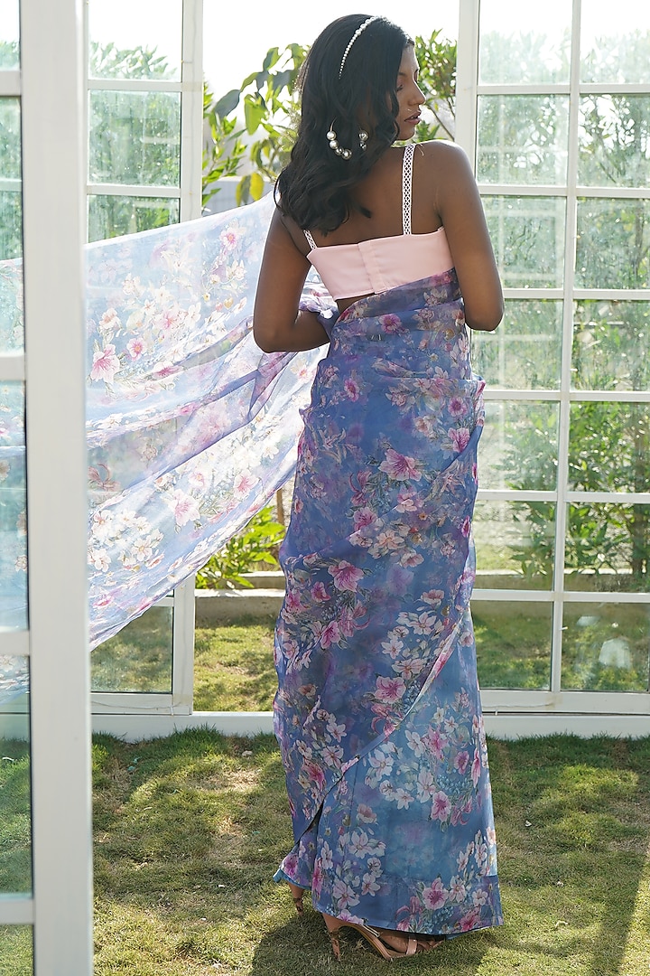 Blue Organza Floral Printed Pre-Stitched Festive Saree Set by Monk & Mei at Pernia's Pop Up Shop