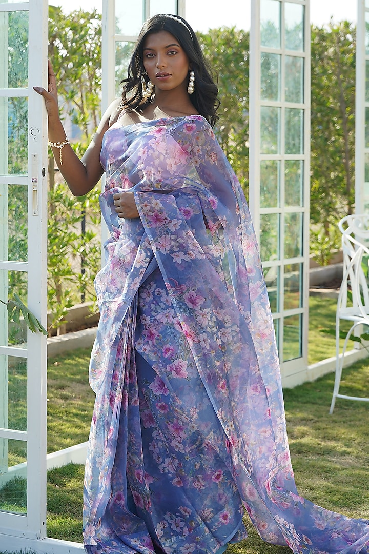 Blue Organza Floral Printed Pre-Stitched Festive Saree Set by Monk & Mei at Pernia's Pop Up Shop