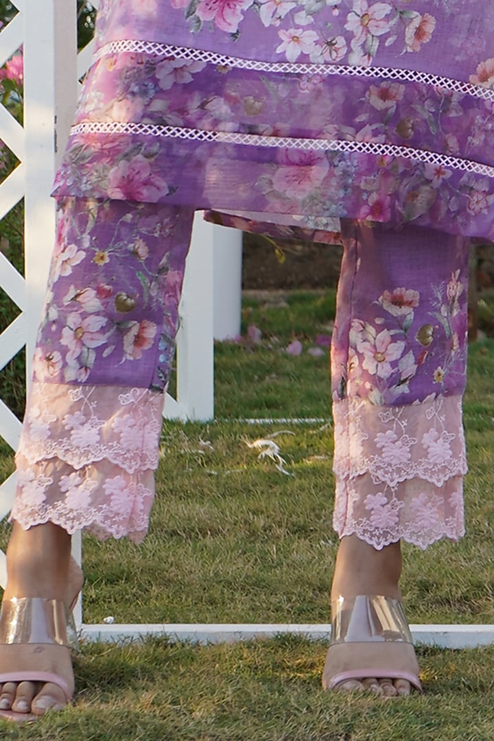Lilac Linen Floral Printed Kurta Set by Monk & Mei at Pernia's Pop Up Shop