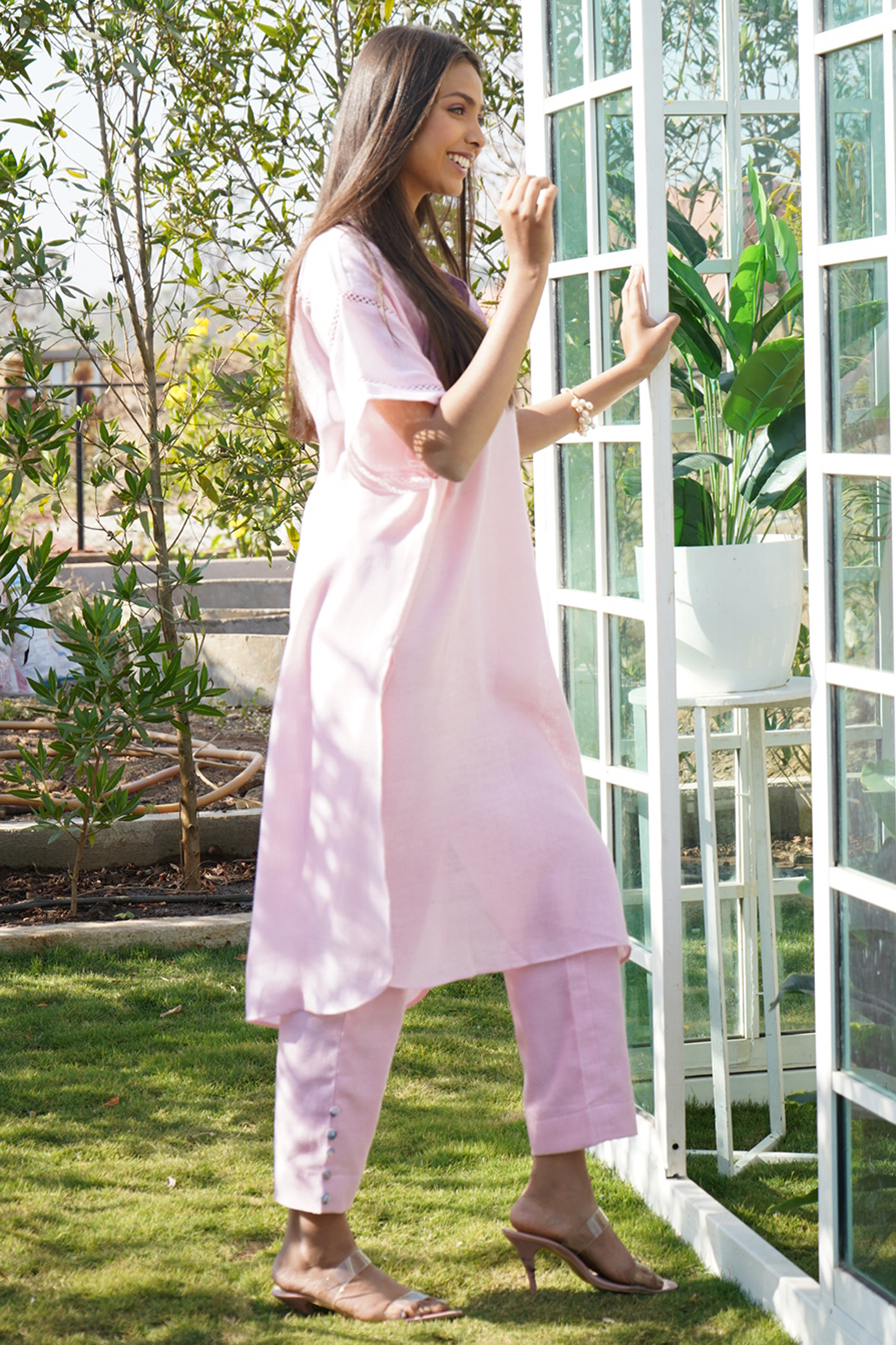 Pink Linen Floral Printed Kurta Set by Monk & Mei at Pernia's Pop Up Shop