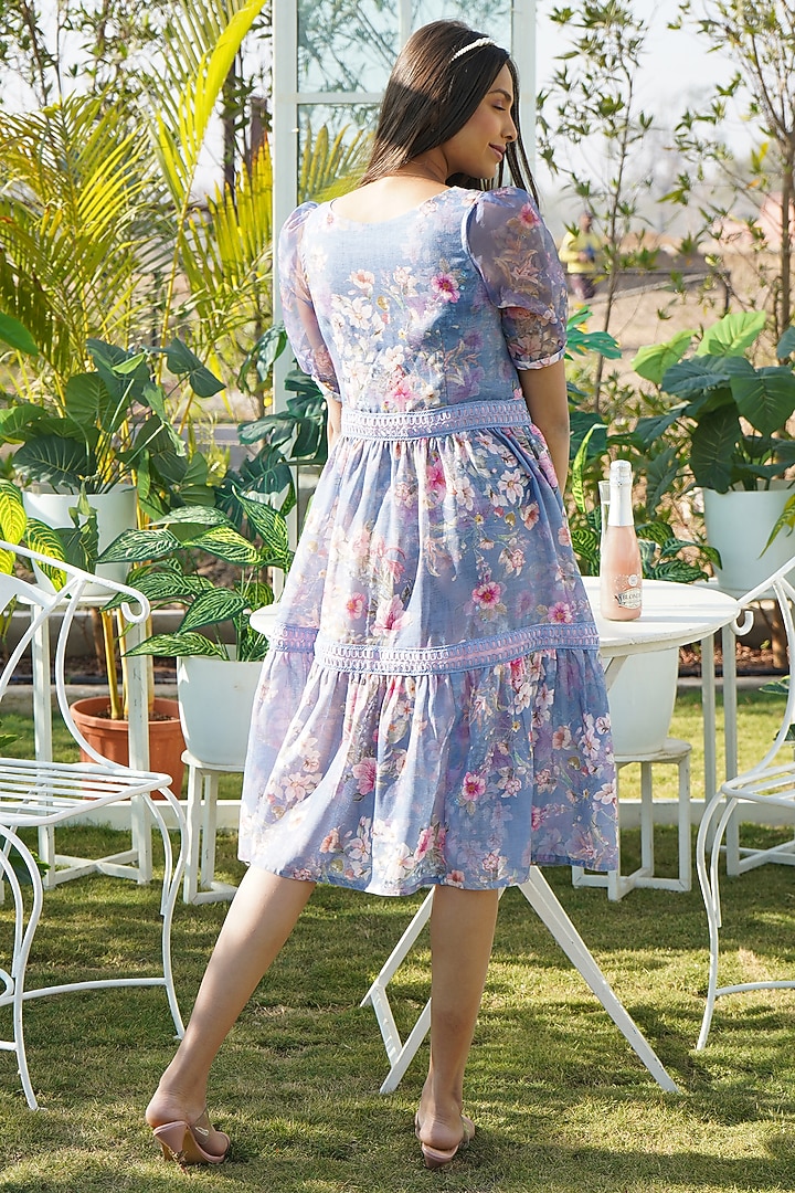 Blue Linen Floral Printed A-Line Summer Dress by Monk & Mei at Pernia's Pop Up Shop