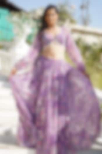 Lilac Georgette & Organza Floral Printed Lehenga Set by Monk & Mei at Pernia's Pop Up Shop