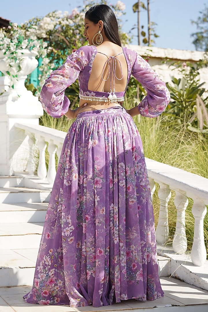 Lilac Georgette & Organza Floral Printed Lehenga Set by Monk & Mei at Pernia's Pop Up Shop