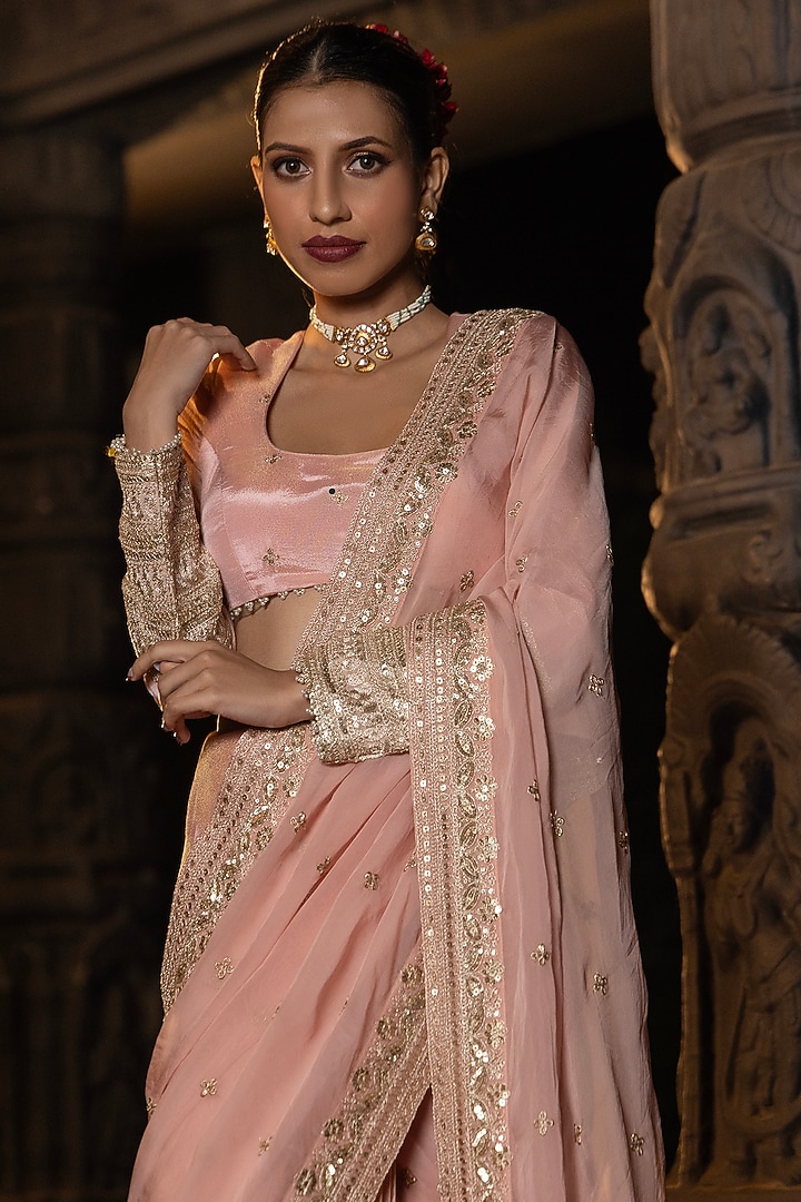 Blush Pink Banarasi Silk Tissue Blend Embellished Party Wear Saree  Set by Monk & Mei at Pernia's Pop Up Shop
