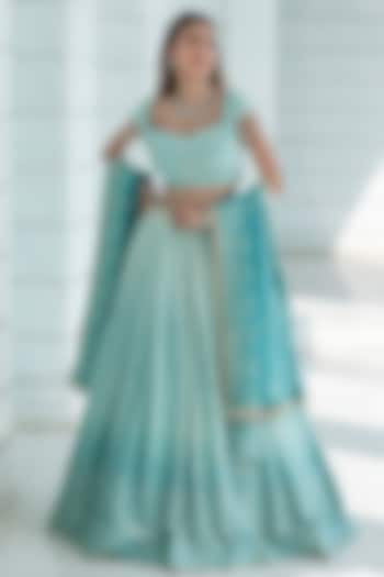 Ice Blue Ombre Georgette Chikankari Embroidered Wedding Lehenga Set by Monk & Mei at Pernia's Pop Up Shop