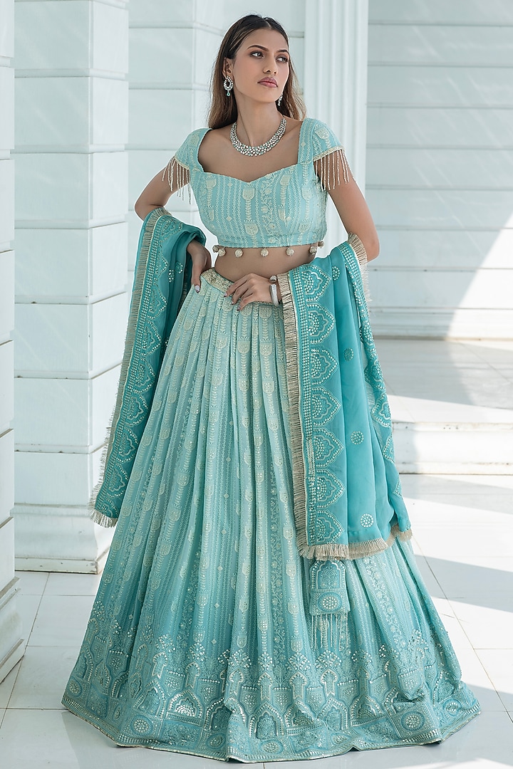 Ice Blue Ombre Georgette Chikankari Embroidered Wedding Lehenga Set by Monk & Mei at Pernia's Pop Up Shop