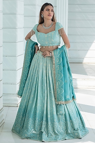 Ice Blue Ombre Georgette Chikankari Embroidered Lehenga Set by Monk & Mei