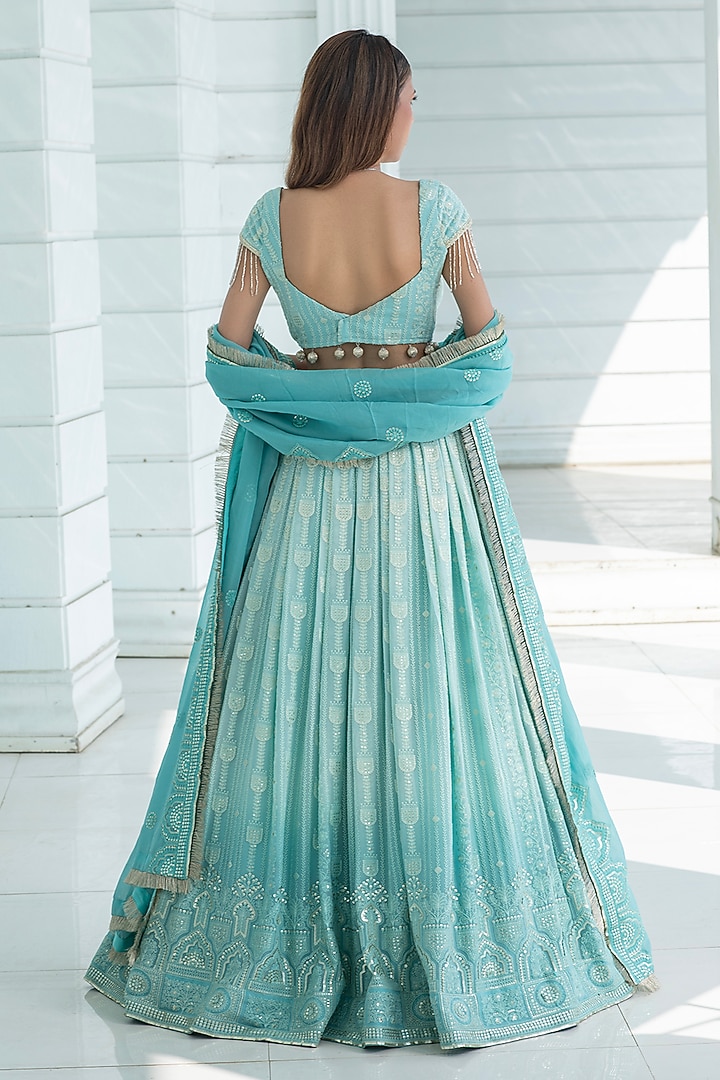 Ice Blue Ombre Georgette Chikankari Embroidered Wedding Lehenga Set by Monk & Mei at Pernia's Pop Up Shop