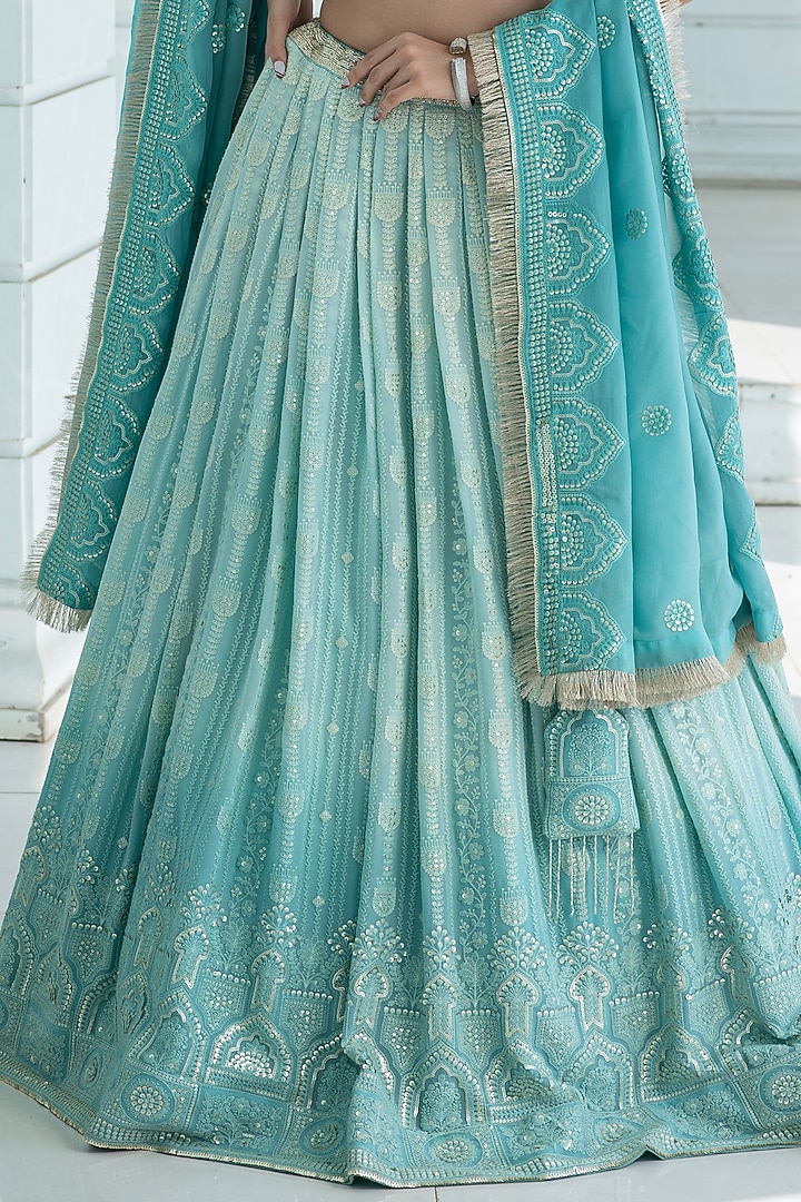Ice Blue Ombre Georgette Chikankari Embroidered Wedding Lehenga Set by Monk & Mei at Pernia's Pop Up Shop