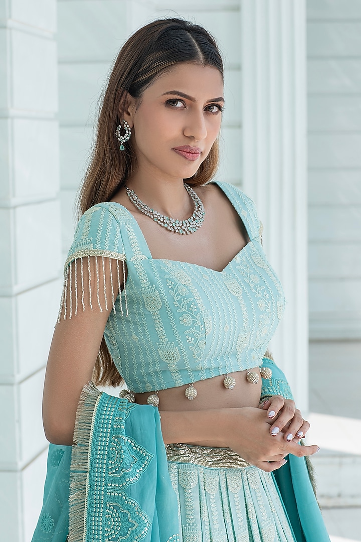 Ice Blue Ombre Georgette Chikankari Embroidered Wedding Lehenga Set by Monk & Mei at Pernia's Pop Up Shop