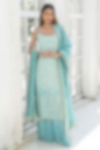 Ice Blue Ombre Georgette Chikankari Embroidered Straight Kurta Set by Monk & Mei at Pernia's Pop Up Shop