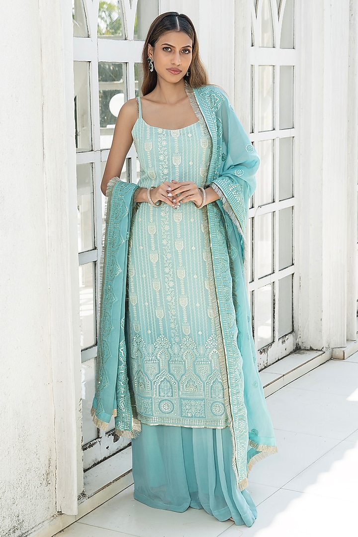 Ice Blue Ombre Georgette Chikankari Embroidered Straight Kurta Set by Monk & Mei at Pernia's Pop Up Shop
