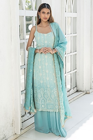 Ice Blue Ombre Georgette Chikankari Embroidered Straight Kurta Set by Monk & Mei