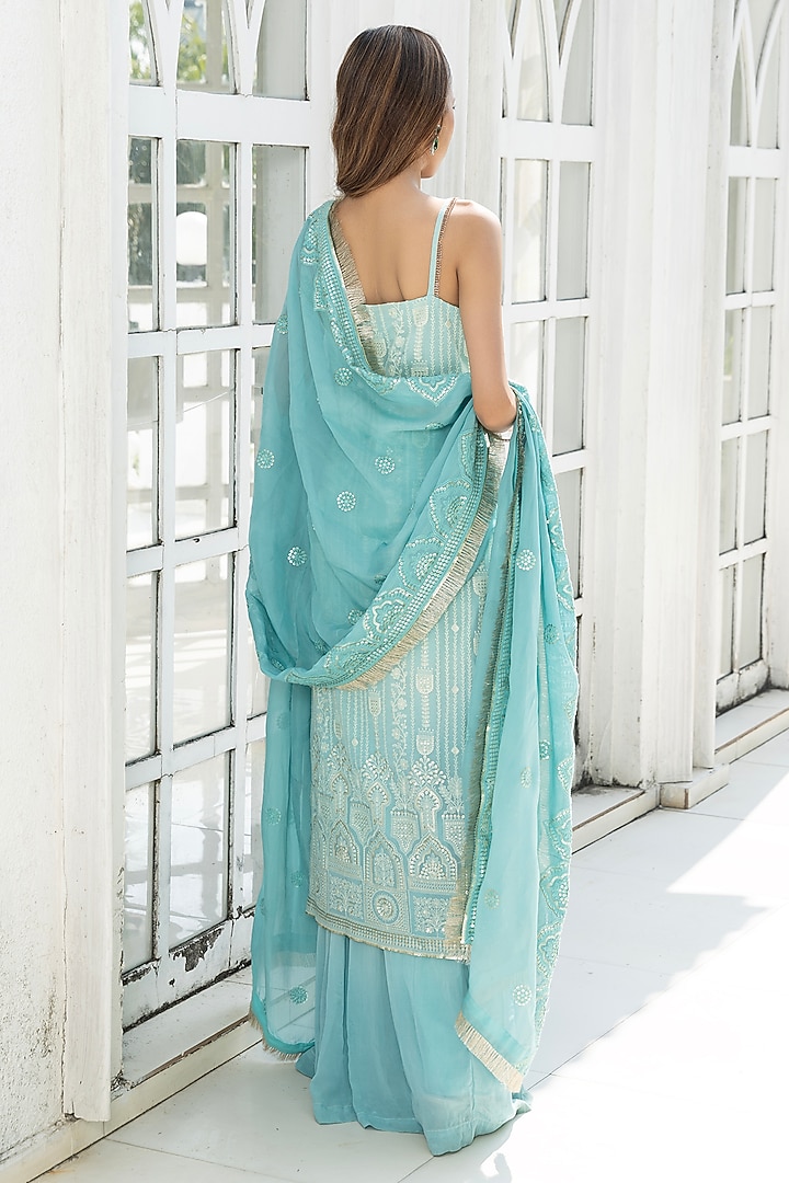 Ice Blue Ombre Georgette Chikankari Embroidered Straight Kurta Set by Monk & Mei at Pernia's Pop Up Shop