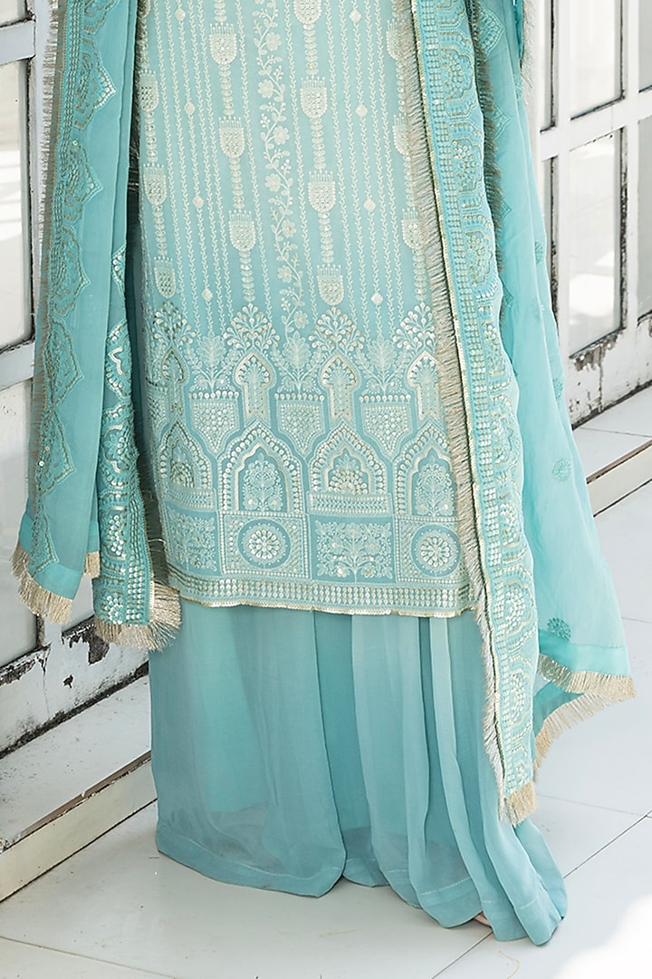 Ice Blue Ombre Georgette Chikankari Embroidered Straight Kurta Set by Monk & Mei at Pernia's Pop Up Shop
