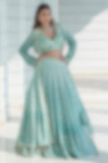Ice Blue Ombre Georgette Chikankari Embroidered Jacket Wedding Lehenga Set by Monk & Mei at Pernia's Pop Up Shop