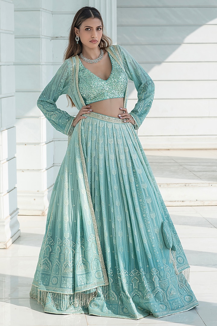 Ice Blue Ombre Georgette Chikankari Embroidered Jacket Wedding Lehenga Set by Monk & Mei at Pernia's Pop Up Shop