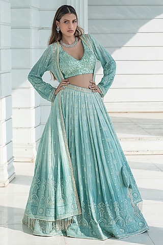 Ice Blue Ombre Georgette Chikankari Embroidered Jacket Lehenga Set by Monk & Mei