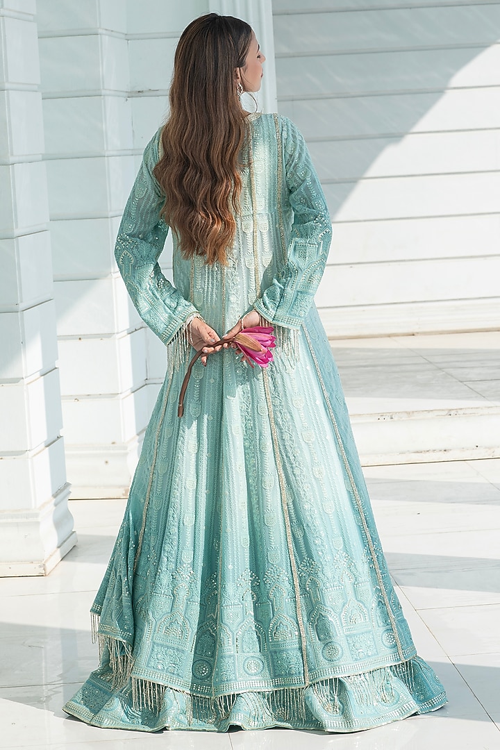 Ice Blue Ombre Georgette Chikankari Embroidered Jacket Wedding Lehenga Set by Monk & Mei at Pernia's Pop Up Shop