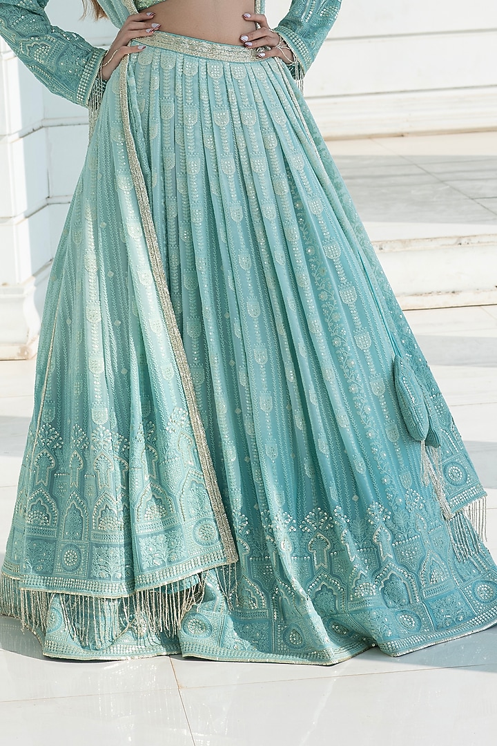 Ice Blue Ombre Georgette Chikankari Embroidered Jacket Wedding Lehenga Set by Monk & Mei at Pernia's Pop Up Shop