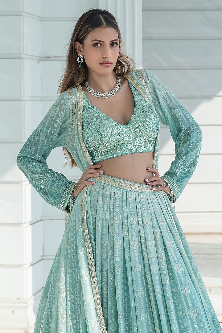 Ice Blue Ombre Georgette Chikankari Embroidered Jacket Wedding Lehenga Set by Monk & Mei at Pernia's Pop Up Shop