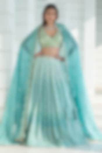 Ice Blue Ombre Georgette Chikankari Embroidered Wedding Lehenga Set by Monk & Mei at Pernia's Pop Up Shop