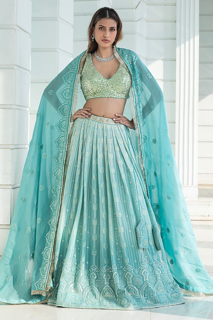 Ice Blue Ombre Georgette Chikankari Embroidered Wedding Lehenga Set by Monk & Mei at Pernia's Pop Up Shop
