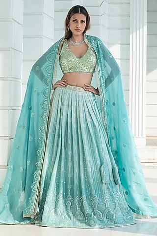 Ice Blue Ombre Georgette Chikankari Embroidered Lehenga Set by Monk & Mei