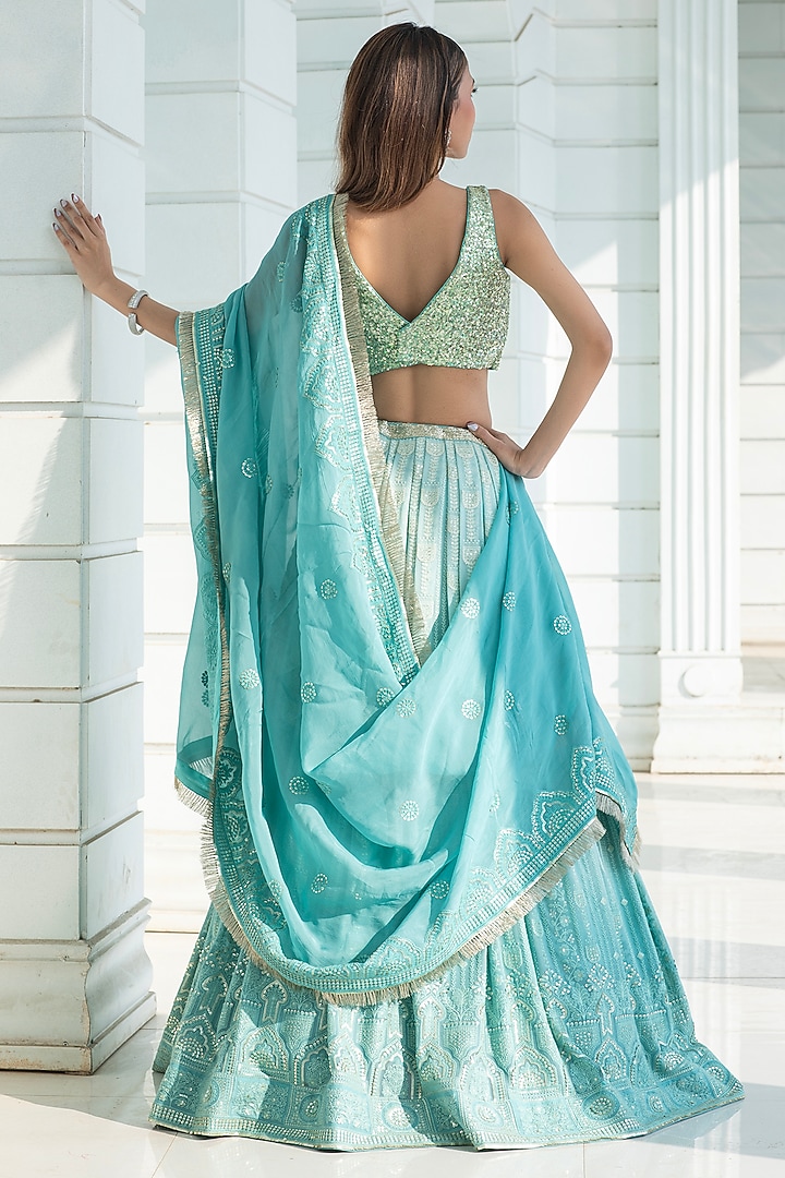 Ice Blue Ombre Georgette Chikankari Embroidered Wedding Lehenga Set by Monk & Mei at Pernia's Pop Up Shop